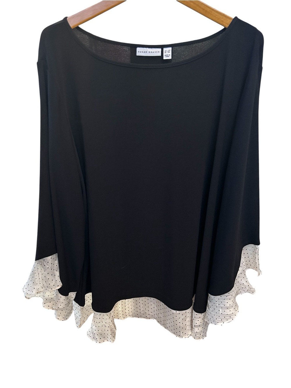 Susan Graver Black Blouse with White Polka Dot Ruffle Hemline and Sleeves 3X